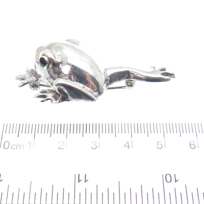 925 Sterling Silver Vintage Black Enamel Frog for Good Luck Oxidized Pin Brooch