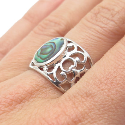 925 Sterling Silver Real Abalone Shell Ornate Ring Size 9.25