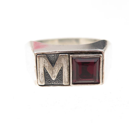 Vargas 925 Sterling Silver Antique Art Deco Real Garnet Letter M Ring Size 11.25