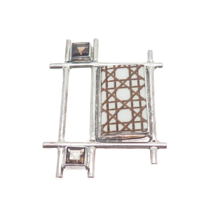 ECHO OF THE DREAMER 925 Sterling Silver Vintage Real Smoky Quartz Ceramic Brooch