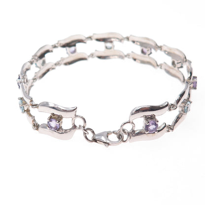925 Sterling Silver Vintage Real Amethyst & Blue Topaz Modernist Bracelet 7.25"