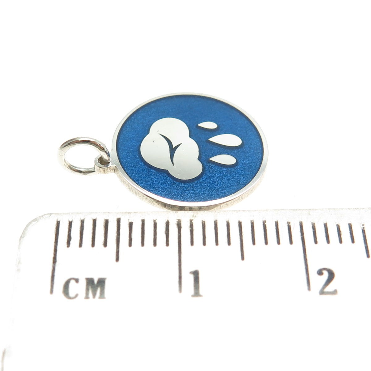 925 Sterling Silver Blue Enamel Rainy Cloud Round Tag Minimalist Charm Pendant