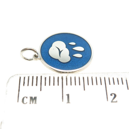 925 Sterling Silver Blue Enamel Rainy Cloud Round Tag Minimalist Charm Pendant