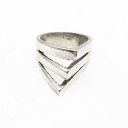 925 Sterling Silver Vintage Modernist 3-Row Oxidized Ring Size 6