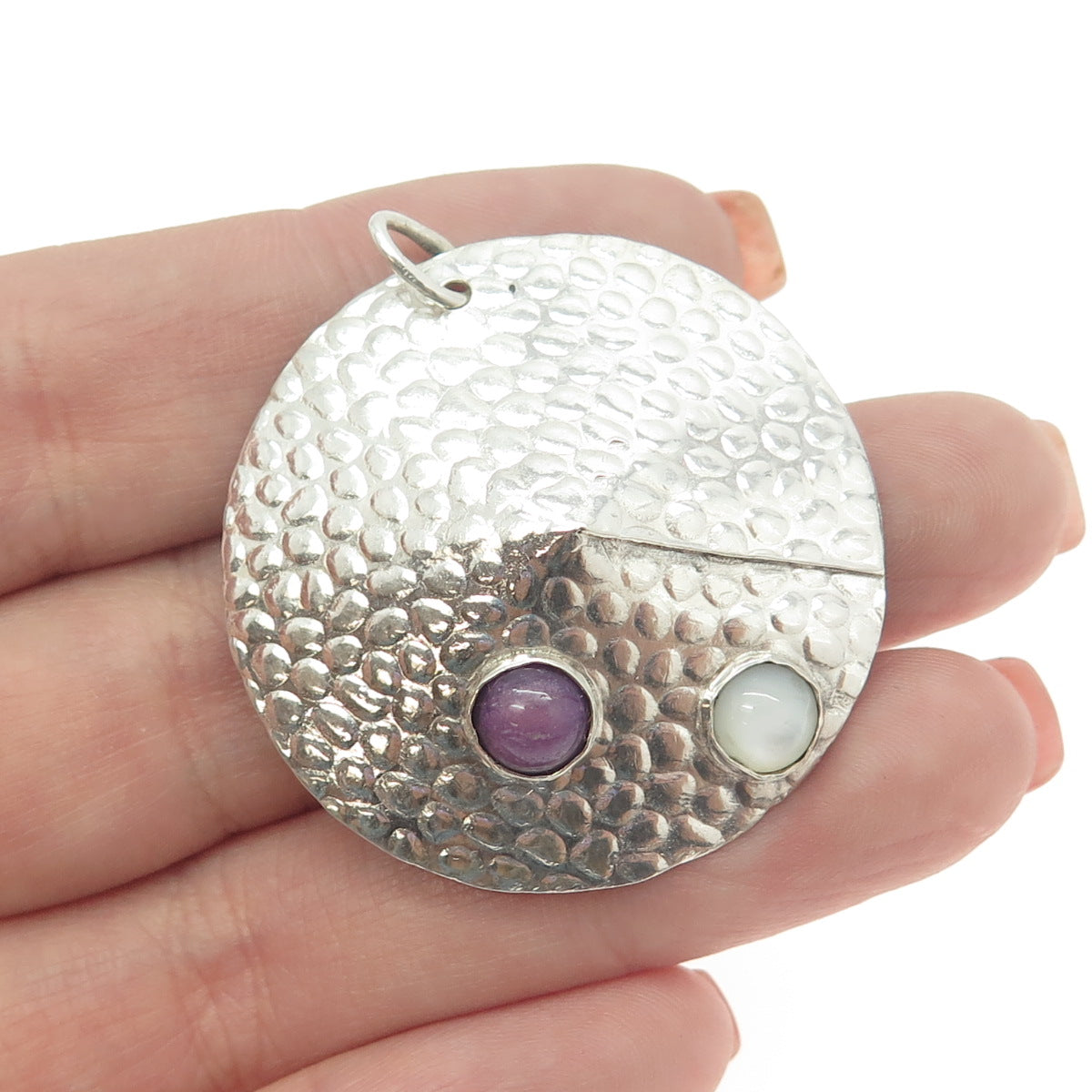 925 Sterling Silver Vintage Real Lepidolite & MOP Dragon Skin Modernist Pendant