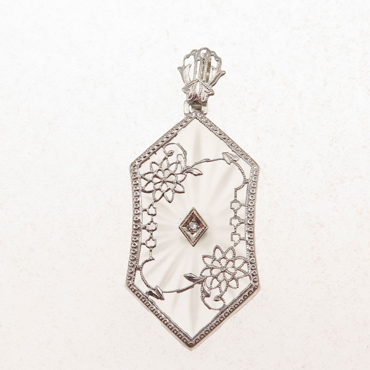 14K White Gold Antique Victorian Real Diamond Camphor Frosted Glass Pendant