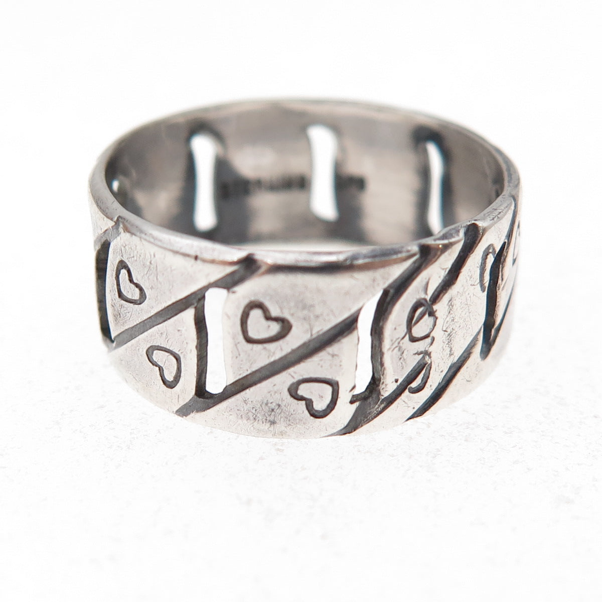 Joseph Esposito 925 Sterling Silver Vintage Heart Cuban Link Band Ring Size 6.5