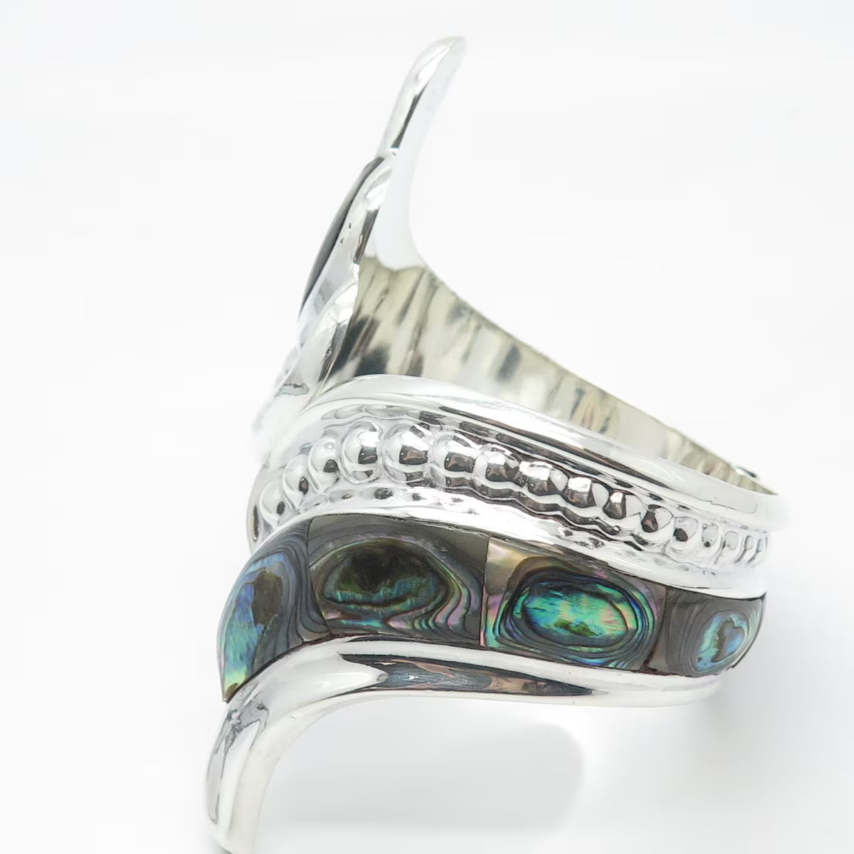 925 Sterling Silver Vintage Mexico Real Abalone Shell Hammered Bracelet 7"
