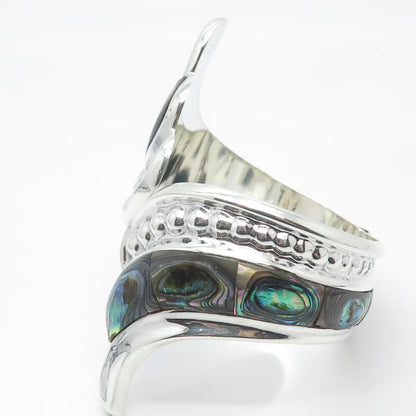 925 Sterling Silver Vintage Mexico Real Abalone Shell Hammered Bracelet 7"