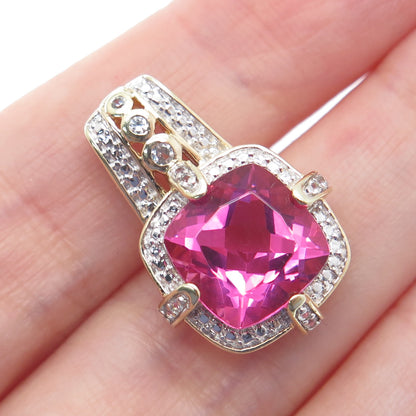 925 Sterling Silver Gold Plated Real Pink & White Topaz Minimalist Pendant