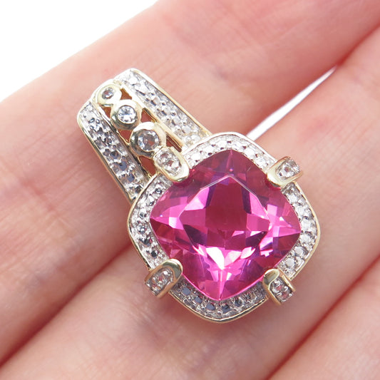 925 Sterling Silver Gold Plated Real Pink & White Topaz Minimalist Pendant