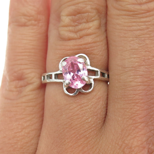 925 Sterling Silver Vintage Oval-Cut Pink C Z Ring Size 6