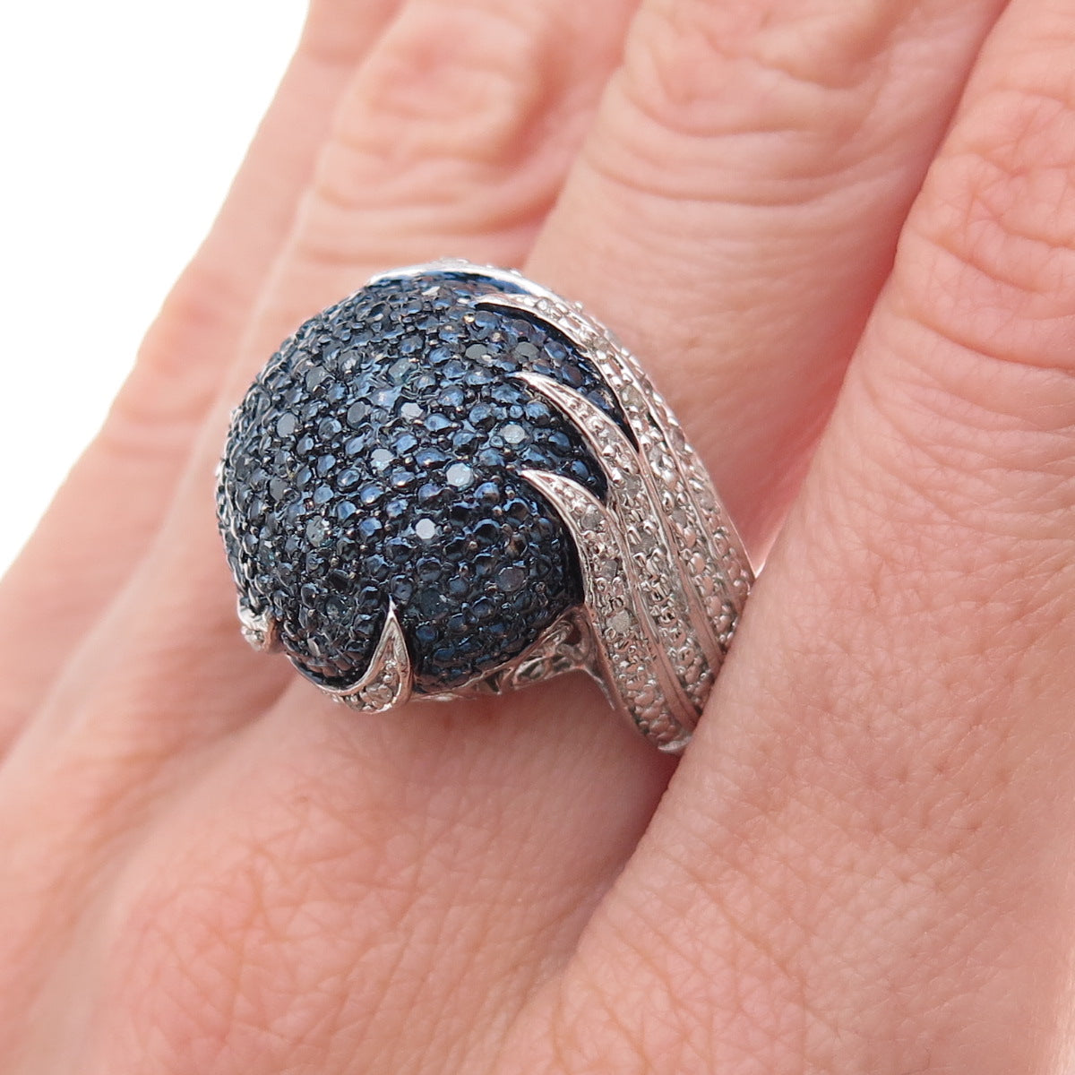 Chuck Clemency 925 Sterling Silver Real Blue & White Diamond Dome Ring Size 8