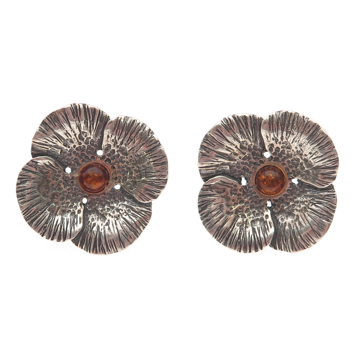 925 Sterling Silver Vintage Real Amber Modernist Flower Oxidized Earrings
