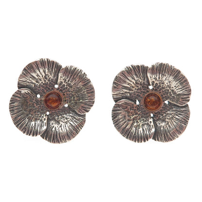925 Sterling Silver Vintage Real Amber Modernist Flower Oxidized Earrings