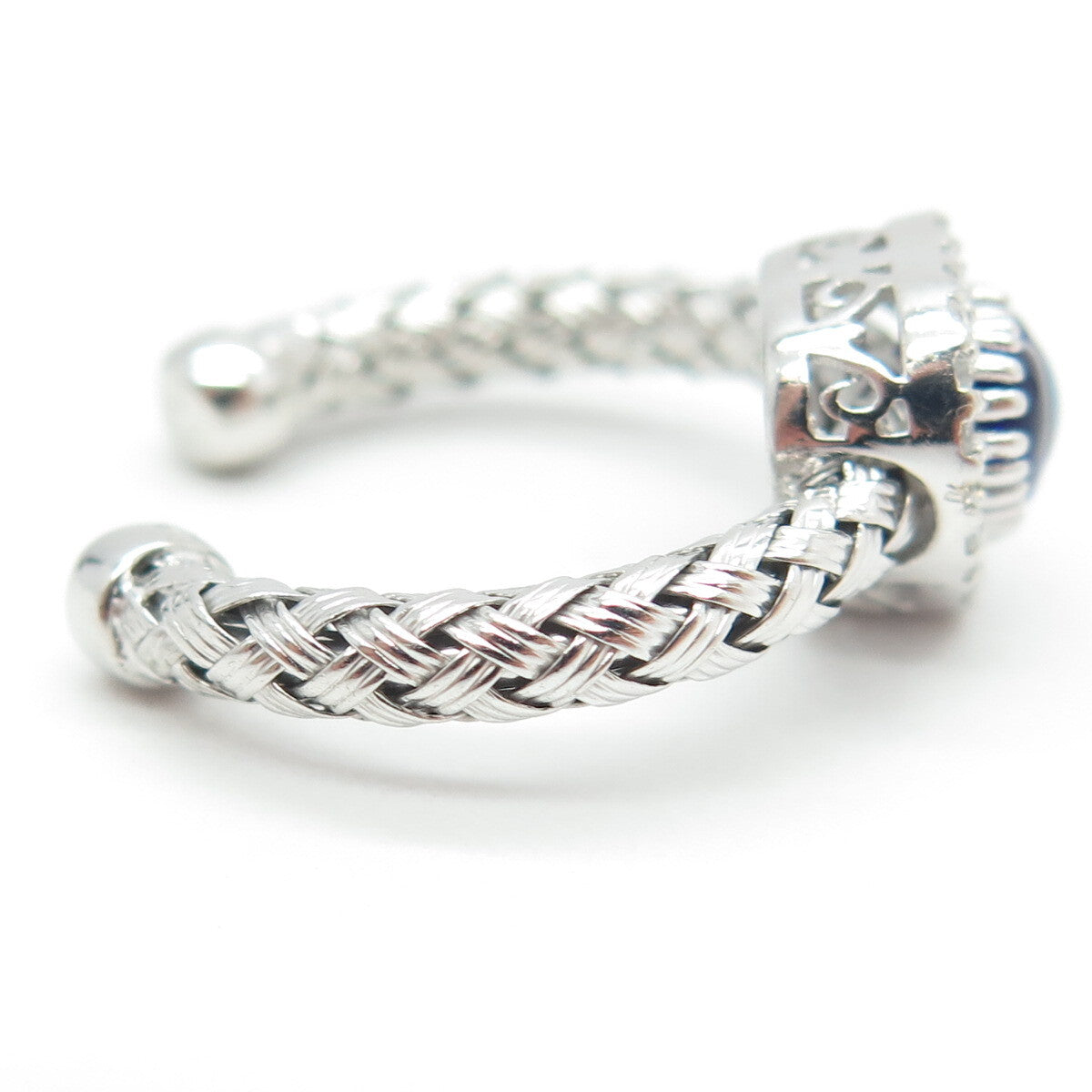 925 Sterling Silver Diamond Glass Evil Eye Heart Woven Adjustable Ring Size 5.5