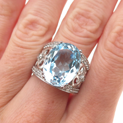 925 Sterling Silver Real Blue & White Topaz Heart Ornate Ring Size 7.25