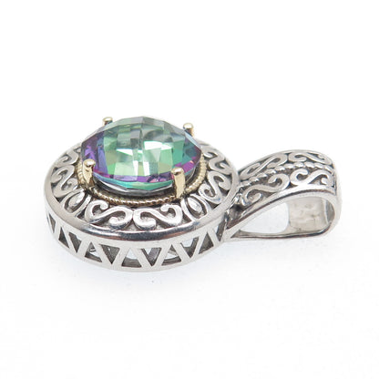 925 Sterling Silver & 14K Gold Real Round-Cut Mystic Topaz Ornate Pendant