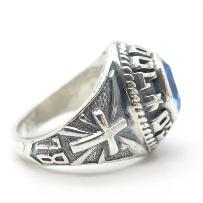 925 Sterling Silver Vintage Blue Glass "St. Leo" School Ring Size 7