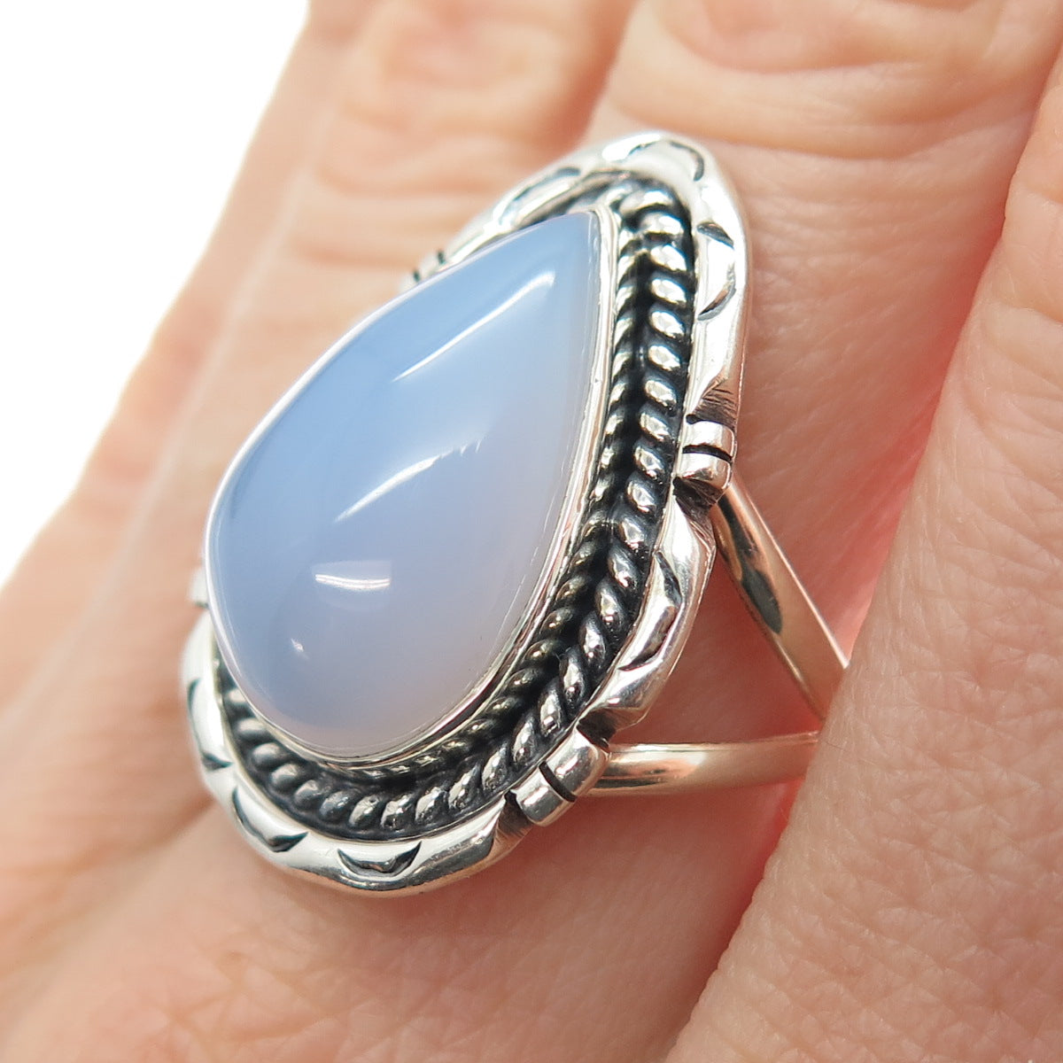 925 Sterling Silver Vintage Southwestern Real Chalcedony Teardrop Ring Size 7