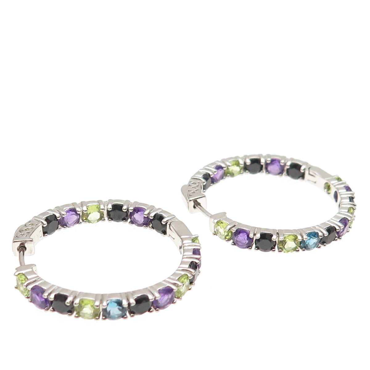 925 Sterling Silver Real Topaz Amethyst Peridot Spinel In & Out Hoop Earrings