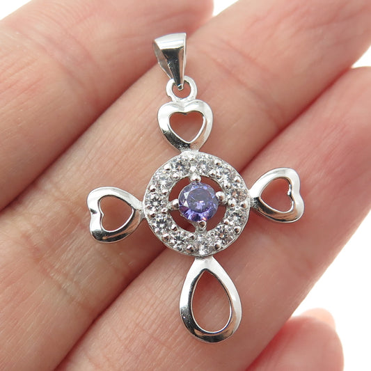 925 Sterling Silver Round-Cut Purple & White C Z Heart Cross Pendant