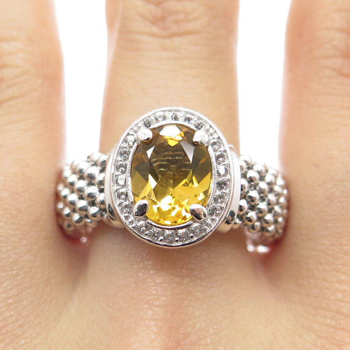 925 Sterling Silver Italy White Topaz & Citrine Gemstone Beaded Ring Size 9.75
