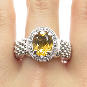 925 Sterling Silver Italy White Topaz & Citrine Gemstone Beaded Ring Size 9.75