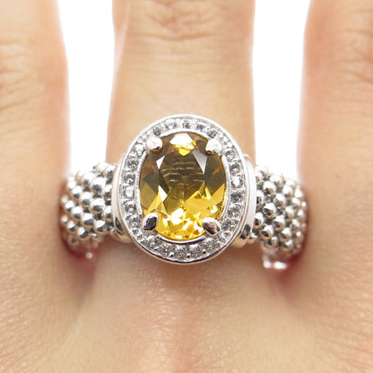 925 Sterling Silver Italy White Topaz & Citrine Gemstone Beaded Ring Size 9.75