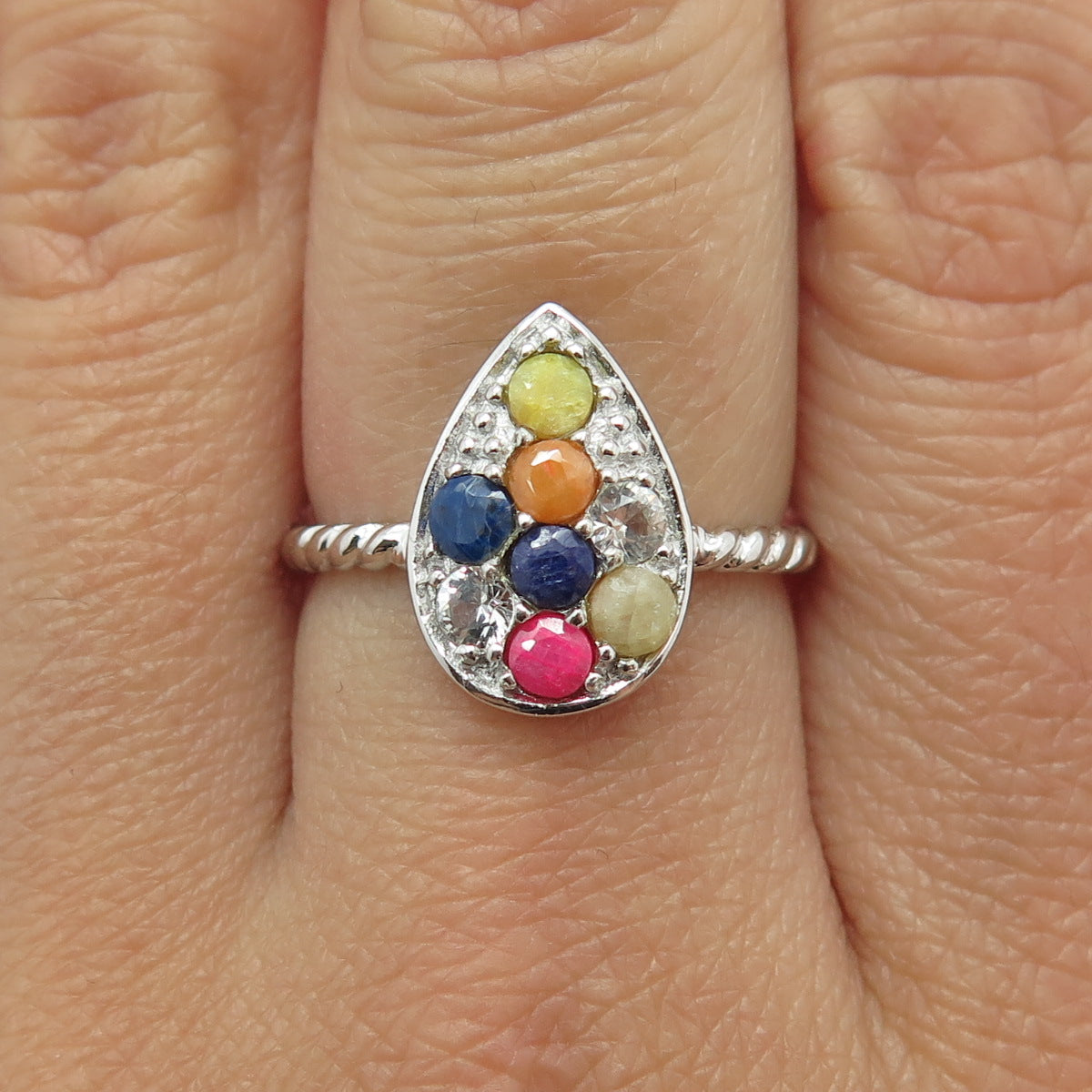 925 Sterling Silver Real Multi-Color Sapphire & White Topaz Teardrop Ring Size 8