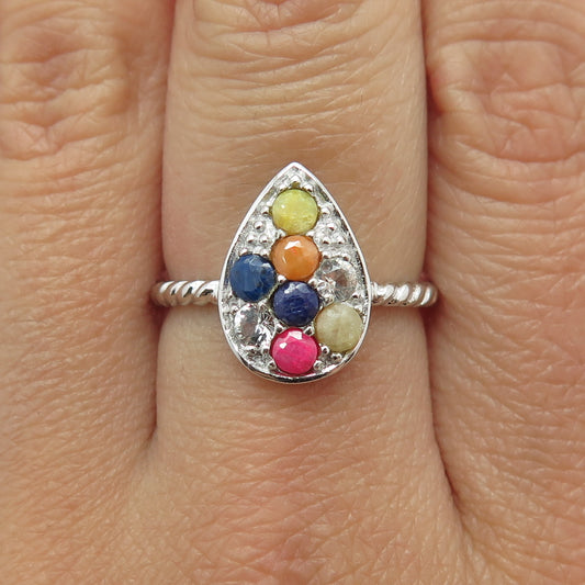 925 Sterling Silver Real Multi-Color Sapphire & White Topaz Teardrop Ring Size 8