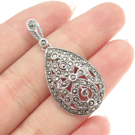 925 Sterling Silver Vintage Real Marcasite Gemstone Ornate Pendant