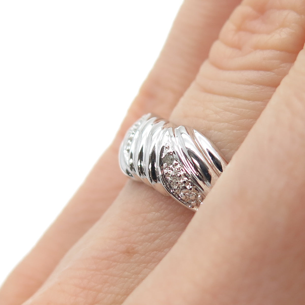 925 Sterling Silver Real Round-Cut Diamond Accent Modernist Ring Size 5