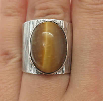 925 Sterling Silver Vintage 1966 SW London Tiger Eye Adjustable Ring Size 7.5