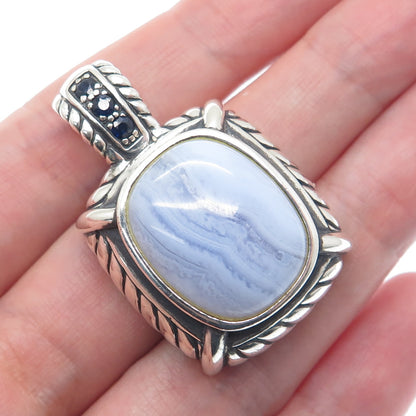 JUDITH RIPKA 925 Sterling Silver Vintage Real Blue Lace Agate & Sapphire Pendant