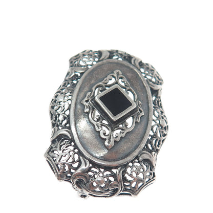 925 Sterling Silver Vintage Real Black Onyx Floral Oxidized Pin Brooch