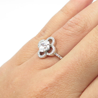 925 Sterling Silver Cushion-Cut C Z Floral Engagement Ring Size 4.5