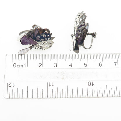 925 Sterling Silver Vintage Mexico Real Amethyst Goddess Screw Back Earrings