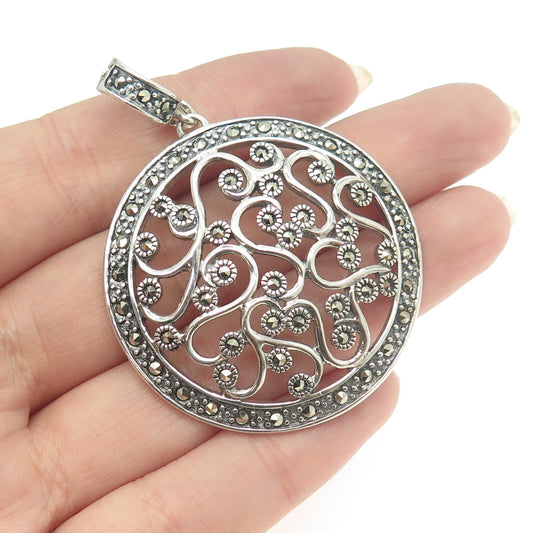 925 Sterling Silver Vintage Real Marcasite Ornate Floral Round Pendant