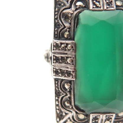 925 Sterling Antique Green Onyx & Marcasite Ring Size 7.75 (missing 25 stones)