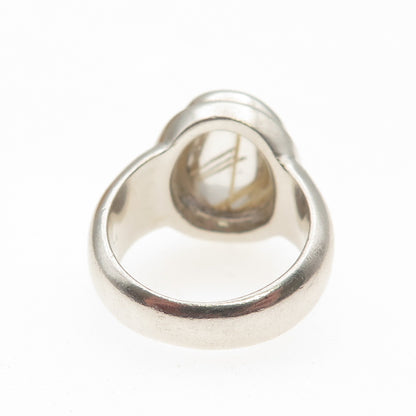 925 Sterling Silver Vintage Real Rutilated Quartz Modernist Ring Size 6