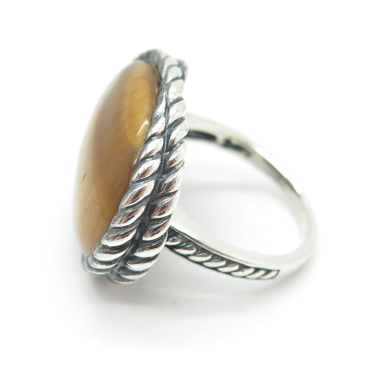 925 Sterling Silver Vintage Real Tiger Eye Modernist Roped Ring Size 7