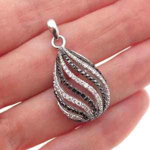 925 Sterling Silver Real Round-Cut Black Spinel & C Z Teardrop Charm Pendant