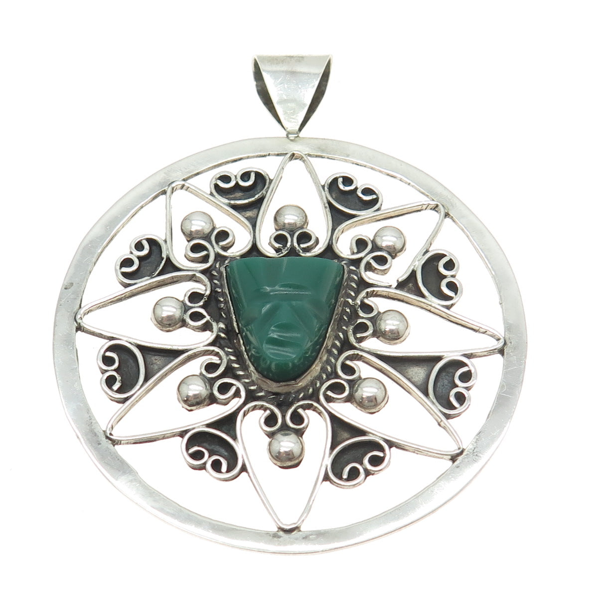 900 Silver Vintage Mexico Real Green Onyx Gemstone Tribal Pendant