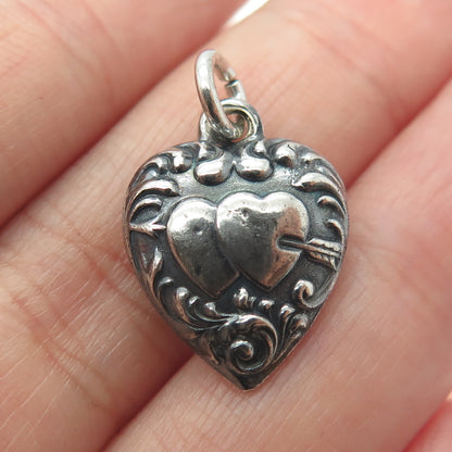 925 Sterling Silver Antique Couple of Hearts w/Arrow Oxidized Charm Pendant