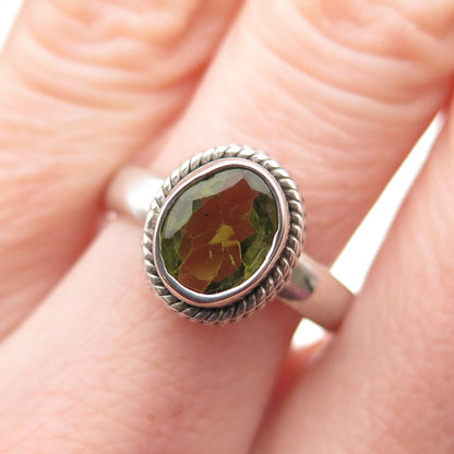 925 Sterling Silver Vintage Real Oval-Cut Peridot Oxidized Ring Size 8.25