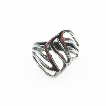 925 Sterling Silver Vintage Modernist Wavy Oxidized Ring Size 7.25