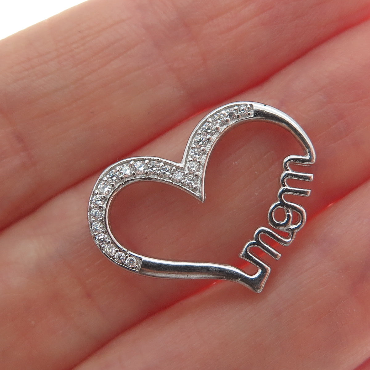 925 Sterling Silver Round-Cut C Z Mom Heart Minimalist Slide Pendant