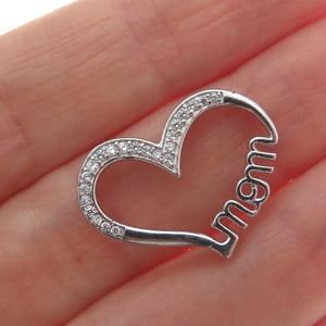 925 Sterling Silver Round-Cut C Z Mom Heart Minimalist Slide Pendant
