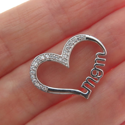925 Sterling Silver Round-Cut C Z Mom Heart Minimalist Slide Pendant